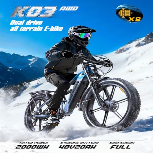 K3 26" Fully E-Bike 48V Dual Motor Mountainbike | 20Ah Akku 120km Reichweite | 4.0 Zoll Reifen Allradantrieb Gelände Elektrofahrrad für Herren
