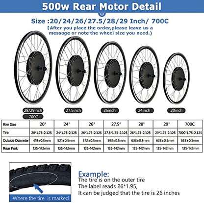 AADECOR 48 V 1000 W Electric Bicycle Conversion Kit E-Bike Rear Hub Motorcycle High Speed Brushless Gearless Hub Motor Set, 28 Inch-48/1000 W