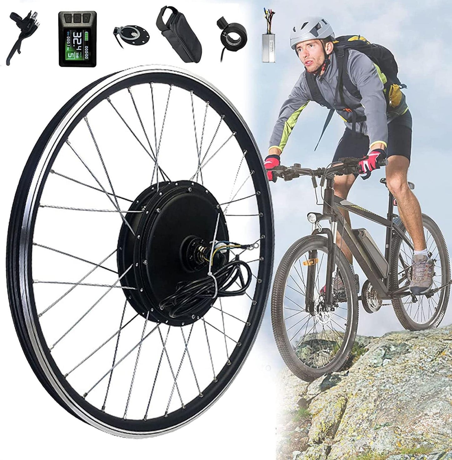 AADECOR Electric Bicycle Kit 350 W 500 W Front Rotation Motorcycle Brushless Gearless Spoke Hub Motor 20 24 26 27.5 28 29 700C with Display E-Bike